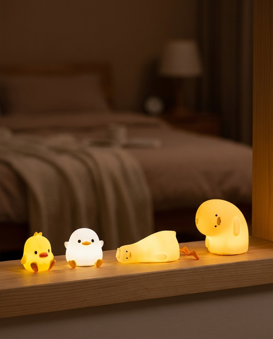 The Gloamie family — Mochi, Puddi, Momo and little Bao glowing together on a windowsill