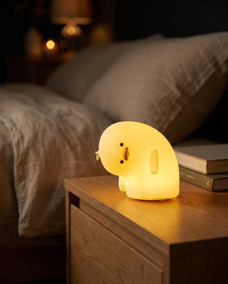 Mochi the gentle one glowing on a cozy bedside table at night