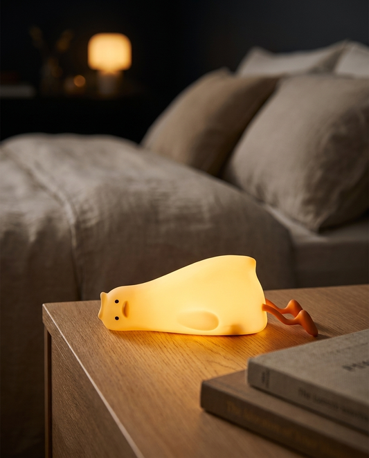 Puddi the sleepy one glowing on a cozy bedside table at night