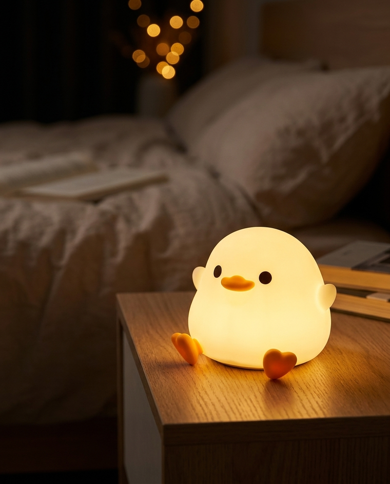 Momo the cuddler glowing on a cozy bedside table at night
